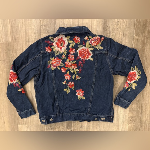 JOHNNY WAS WORKSHOP “Desi” Dark Blue Denim Floral Embroidered Jean Jacket - Picture 7 of 11